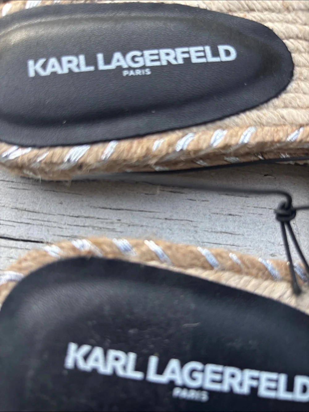 Karl Lagerfeld Black and Tan Espadrille Slide Sandals